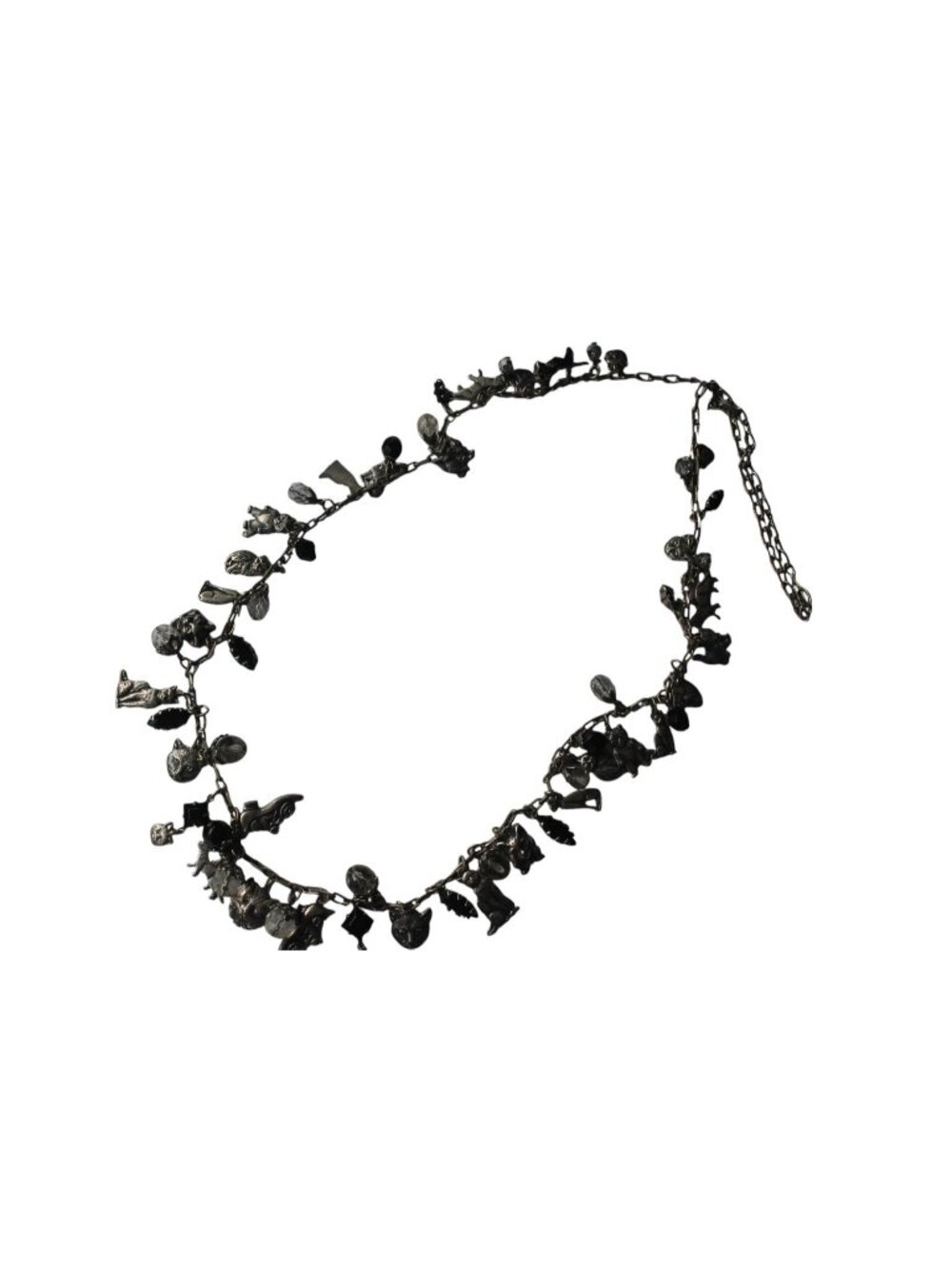 Vintage Silvertone Cat Charm Necklace 34in Clear Black Crystal Statement Cute!